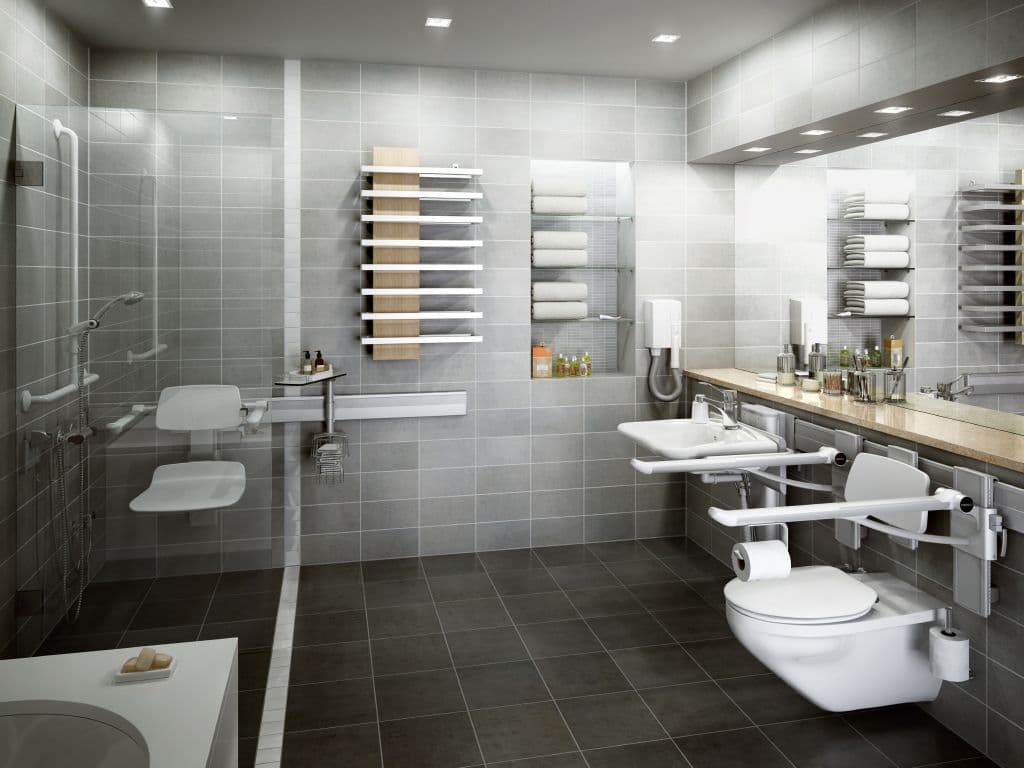 Accessible hotel bathroom with Pressalit solutions
