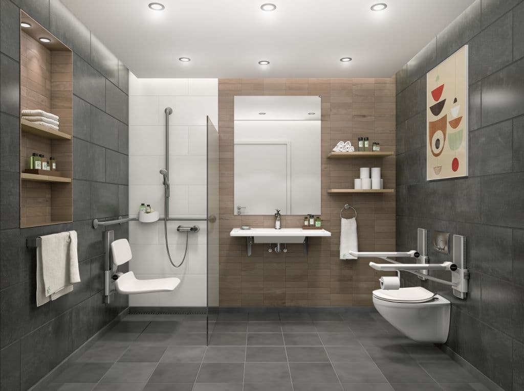Accessible hotel bathroom with Pressalit solutions