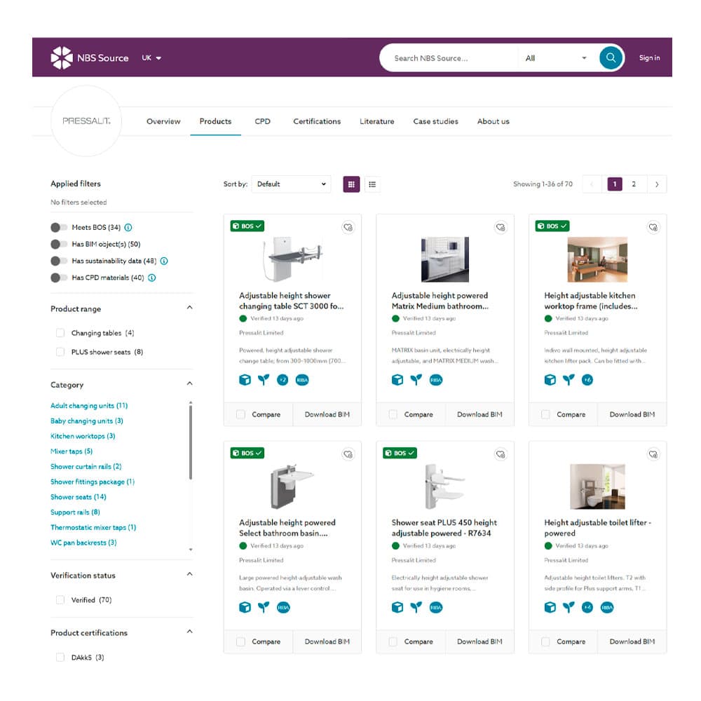 Pressalit products on NBS specification platform