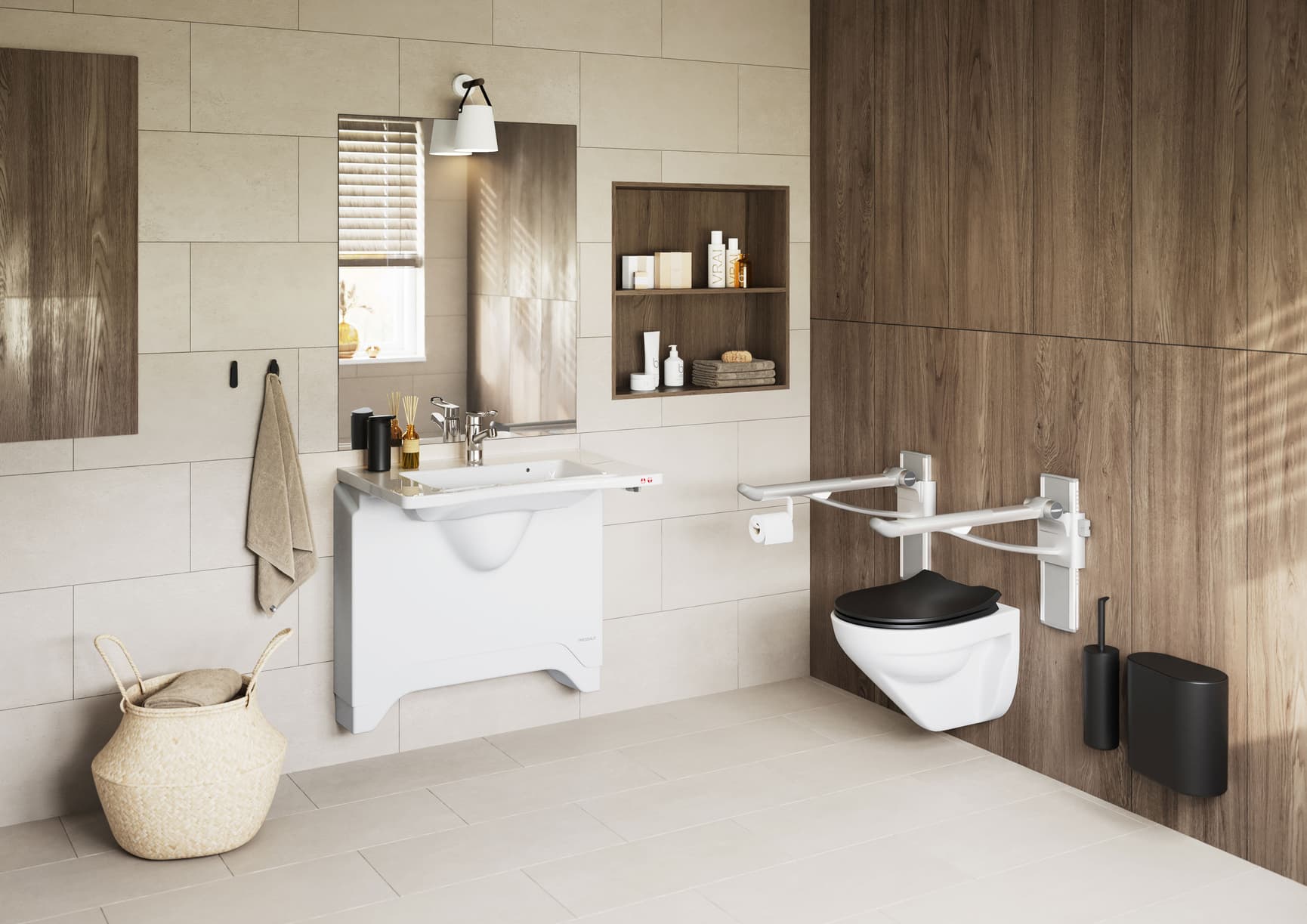 Home bathrrom made accessible with adjustable support arms and washbasin