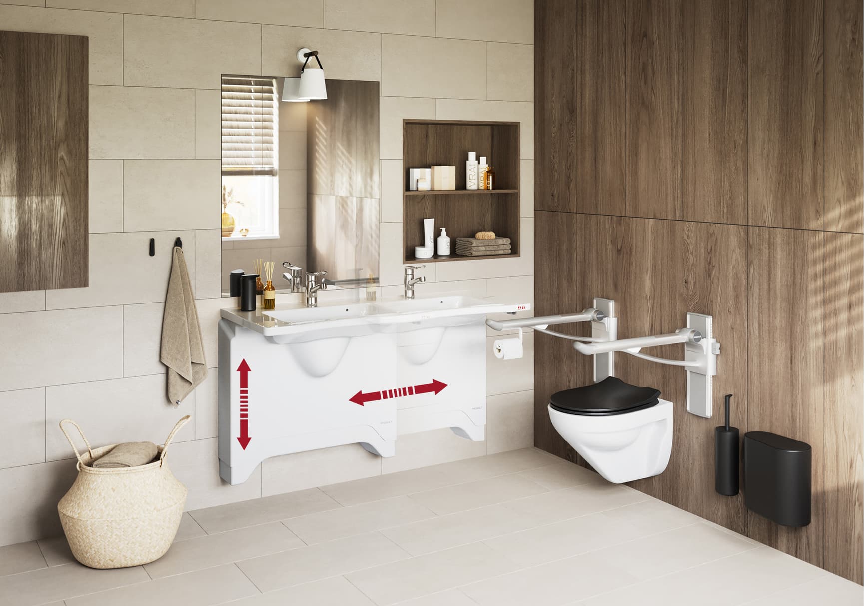 Room with Pressalit height and sideways adjustable wash basin solution