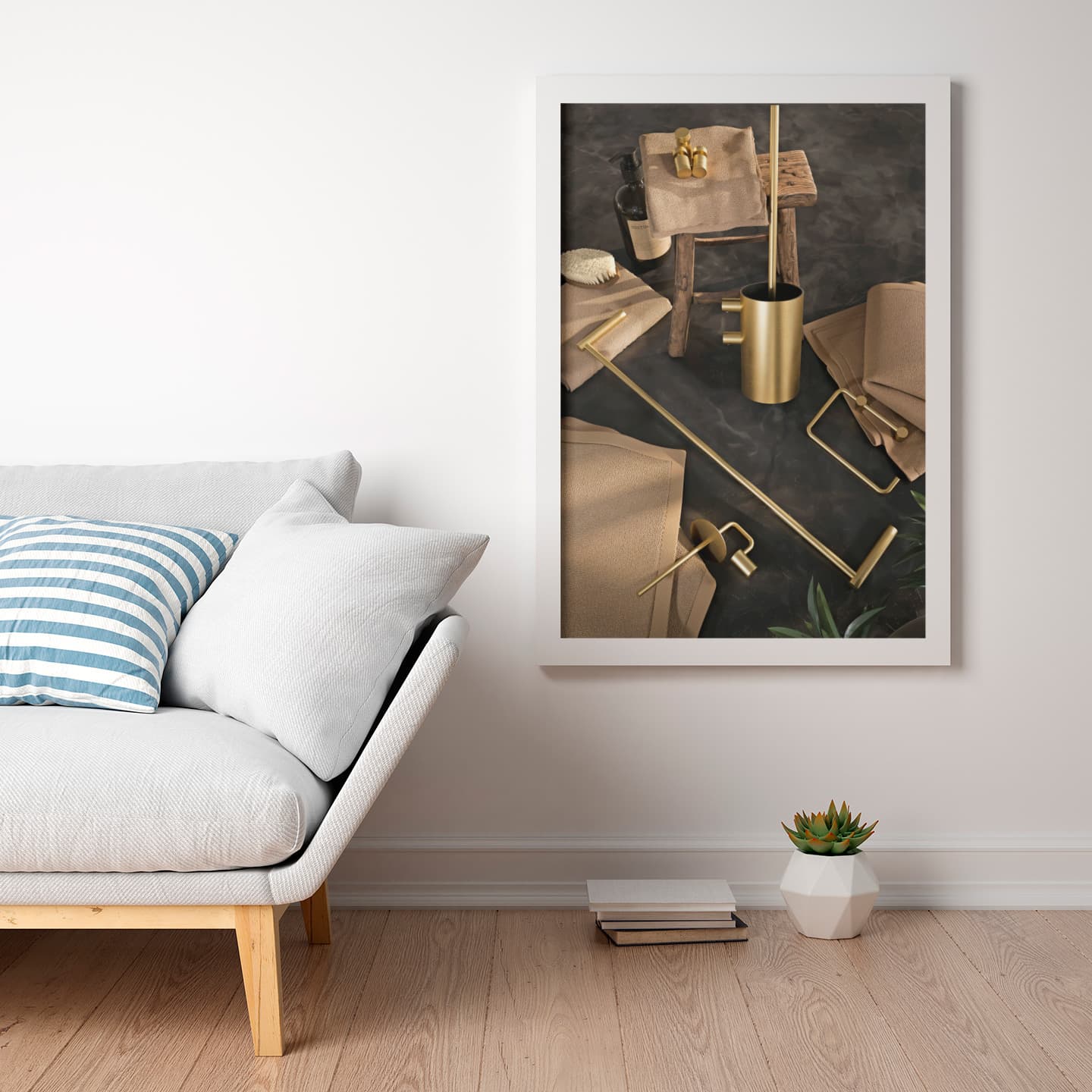 Framed photo of Pressalit STYLE bathroom accessories in a living room