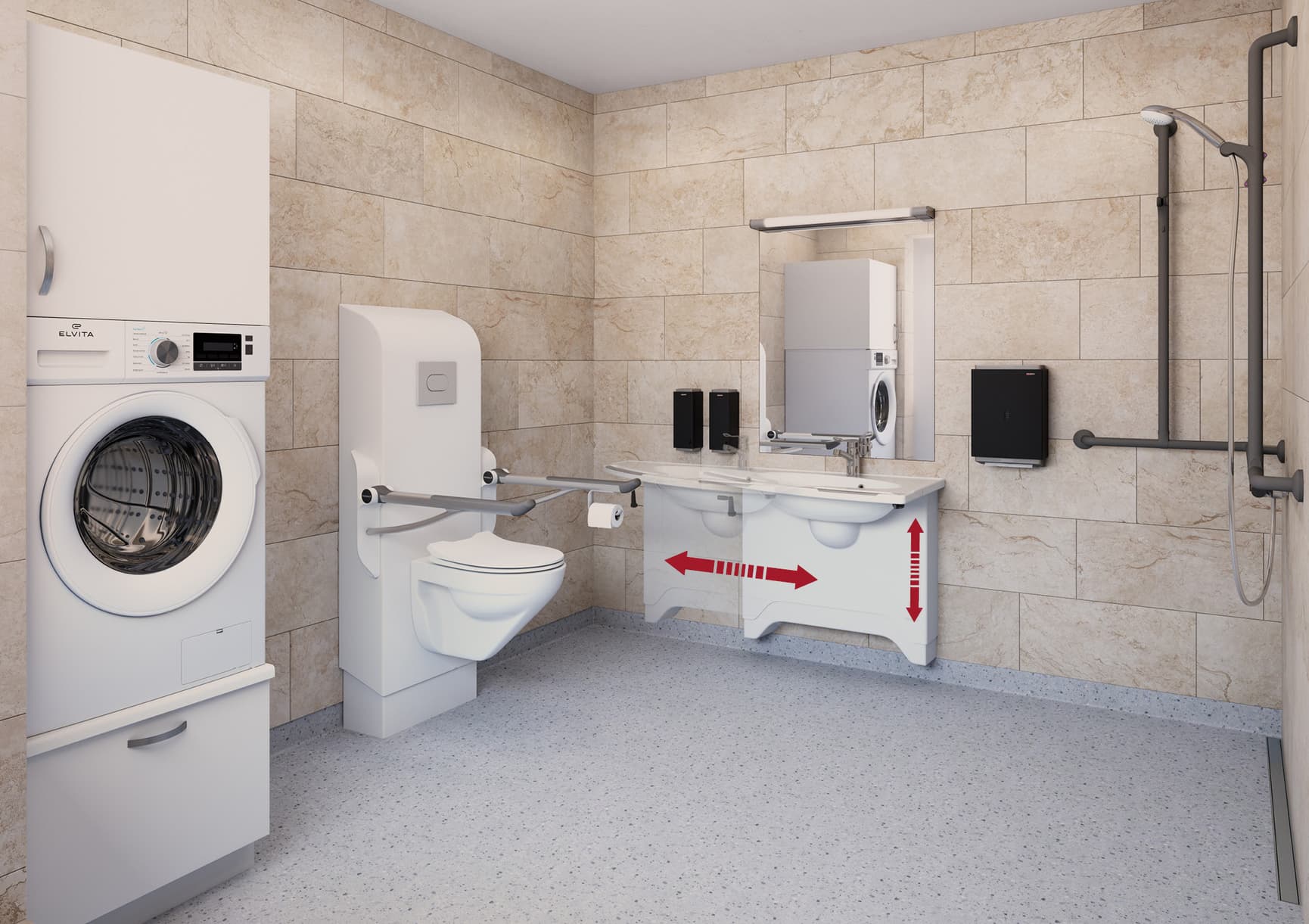 Bathroom with sideways adjustable wash basin solution